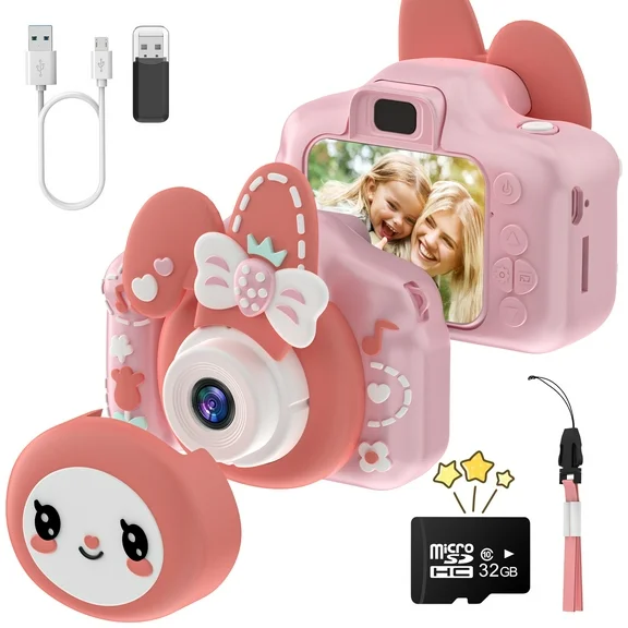 JoyStone Kids Camera with Detachable Lens Cap,1080P HD Selfie Digital Video Camera with 32GB SD Card & Silicone Cover, Cute Portable Christmas Little Girls Boys Gifts Toys for 3-9 Years Old