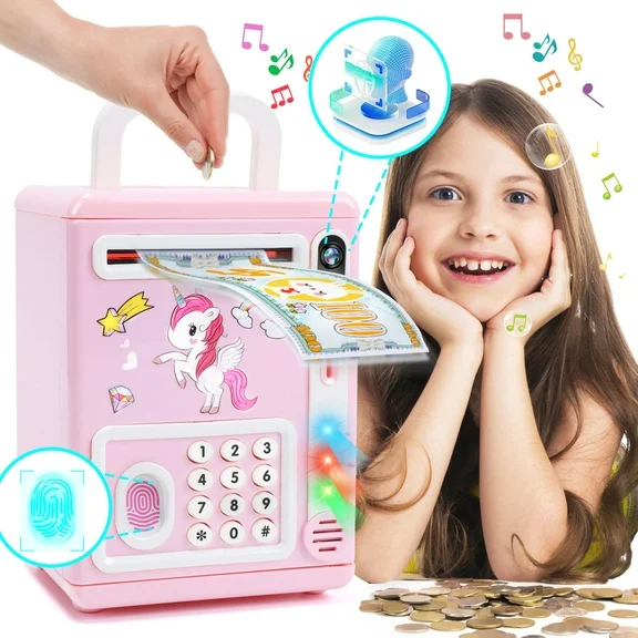JoyStone Piggy Bank Toy with Light & Sound, Electronic Mini ATM Savings Machine Fingerprint & Face Scan Unlocking Simulation Cash Coin Can Safe Bank, Pink
