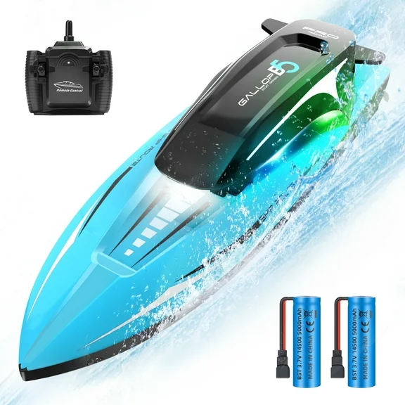 JoyStone RC Boat with LED Light for Kids and Adults, 20 KM/H Fast RC Boat for Pool and Lake, 2.4GHZ Remote Control Boats with 2 Rechargeable Batteries, Blue