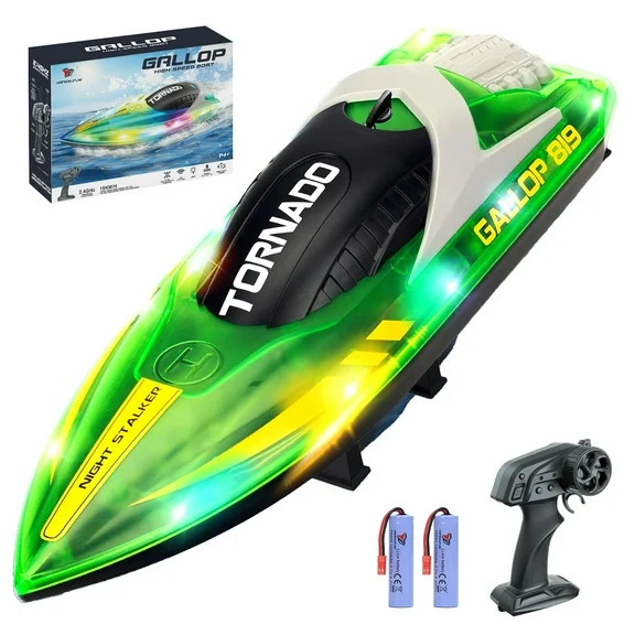 JoyStone RC Boat for Pools and Lakes, 2.4G 15+ MPH Fast Remote Control Boat with LED Lights, Racing Boats for Kids & Adults with 2 Rechargeable Battery,,Gifts for Boys Girls (Green)
