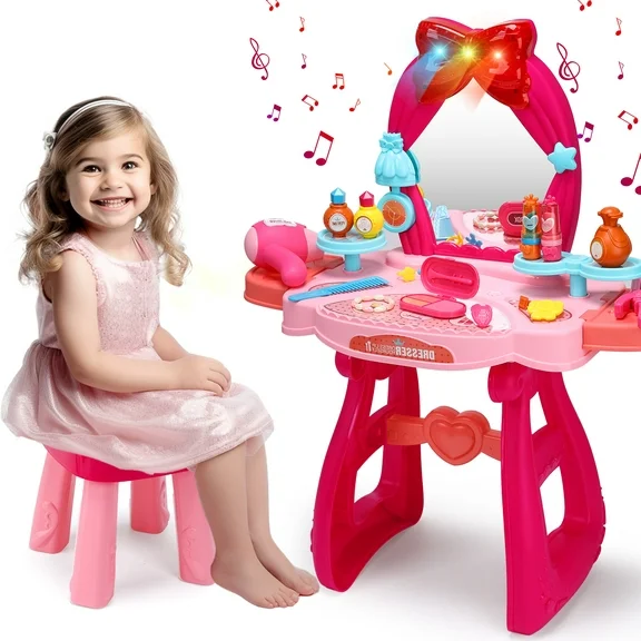 JoyStone Toddler Vanity Set, Pretend Princess Girls Vanity Table with Mirror, Cosmetics and Hair Dryer, Kids Vanity Table and Chair Set for 2 3 4 5 Year Old Girls (Red）