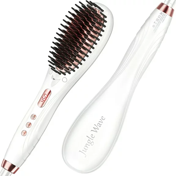 Jungle Wave Hair Straightener Brush, 2 in 1 Ceramic Ionic Straightening Brush, 15s Fast Heating, Gift for Mother's Day, White