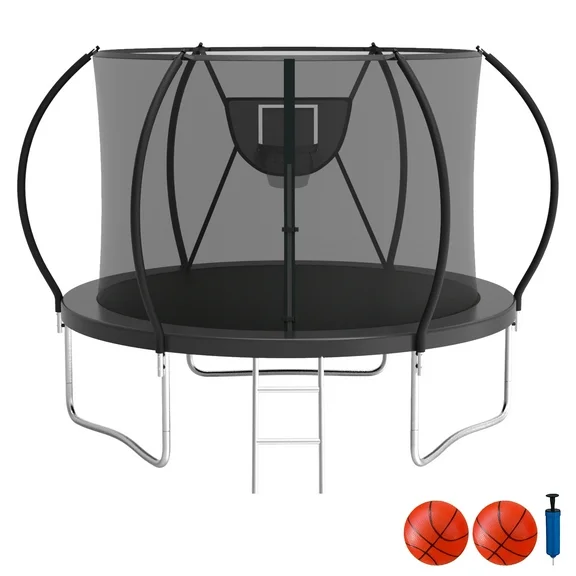 KOFUN 10FT Trampoline with Enclosure Net, Outdoor Backyard Trampoline with Basketball Hoop, Ladder,  2 Balls, Black