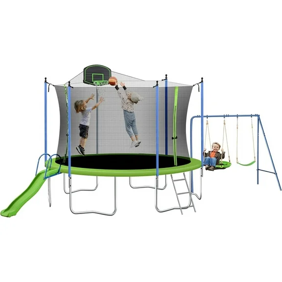 KOFUN 14FT Trampoline with Slide and Swings, Large Recreational Trampoline with Basketball Hoop and Ladder, Outdoor Backyard Green Trampoline with Net, Capacity for 6-9 Kids