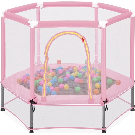 KOFUN 55" Mini Trampoline for Kids, 4.5FT Indoor Outdoor Toddler Trampoline with Safety Enclosure Net and Pit Balls, Baby Small Trampoline Birthday Gifts for Boy and Girls Age 3 Months and up, Pink