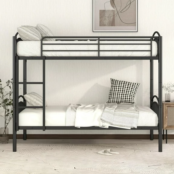KOFUN Bunk Bed, Metal Bunk Bed Twin over Twin, Heavy Duty Metal Bunk Beds, Can be Divided into Two Beds, Metal Twin Bunk Bed for Boys Girls Teens Dormitory Bedroom, Black