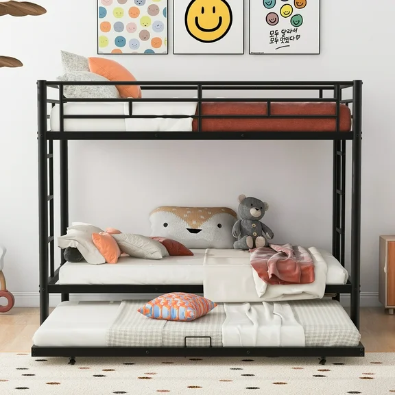 KOFUN Metal Bunk Beds for 3, Twin over Twin Bunk Bed with Trundle, Heavy Duty Bunk Bed for Kids Teens Adults, Twin Bunk Bed with 2 Side Ladders and Safety Guard Rails, No Box Spring Needed, Black