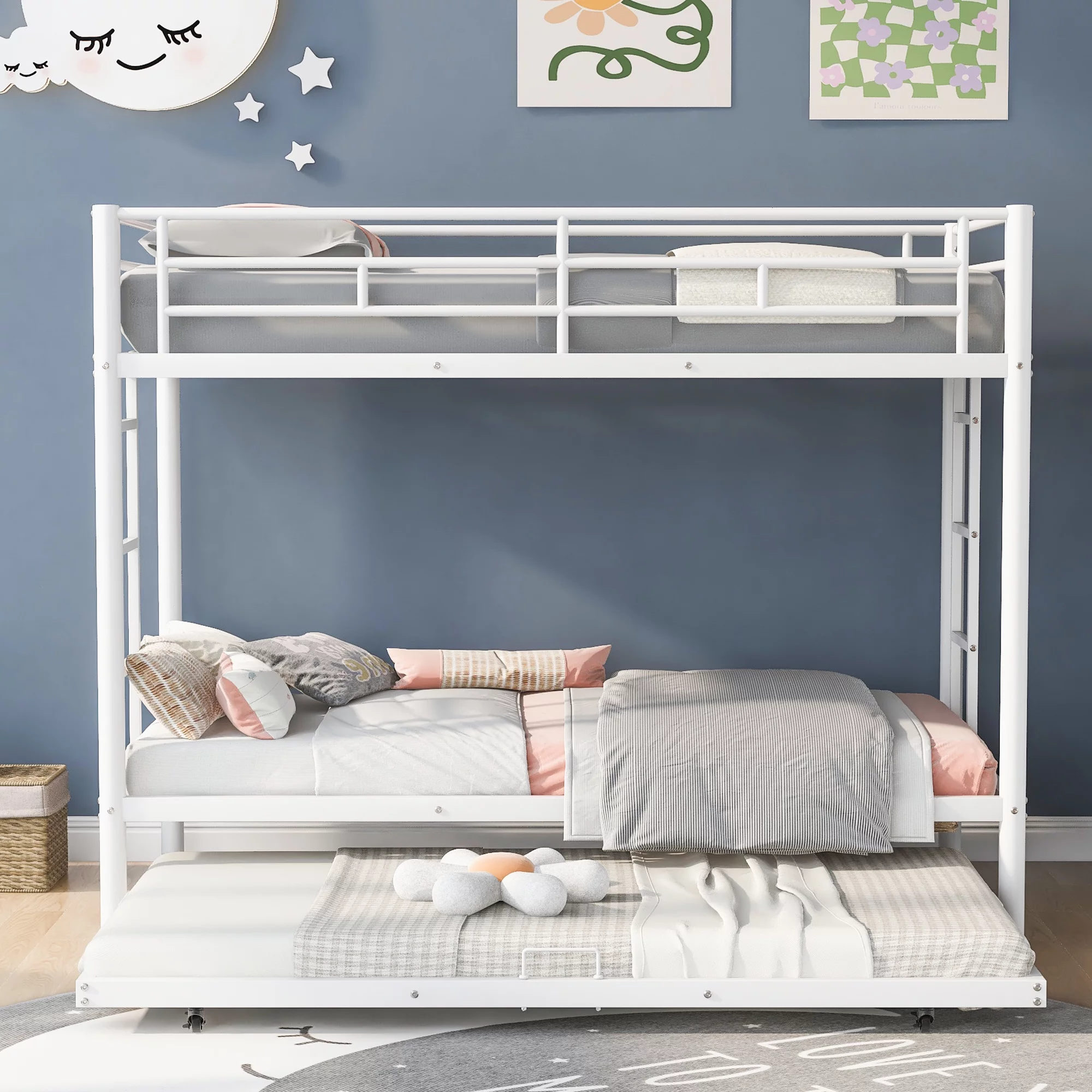 KOFUN Metal Bunk Beds for 3, Twin over Twin Bunk Bed with Trundle, Heavy Duty Bunk Bed for Kids Teens Adults, Twin Bunk Bed with 2 Side Ladders and Safety Guard Rails, No Box Spring Needed, White