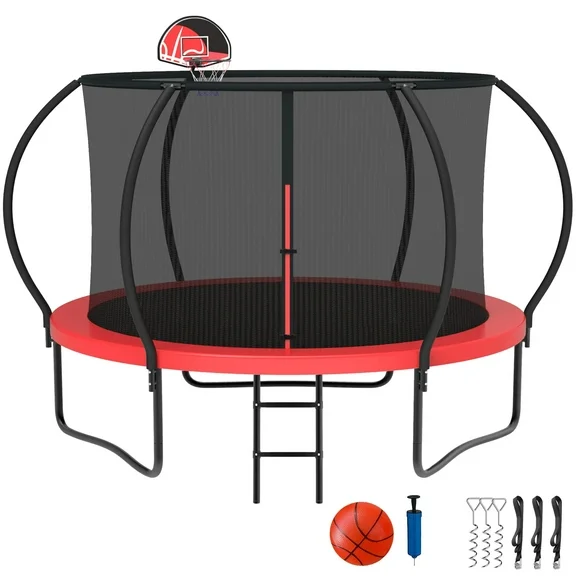 KOFUN Trampoline with Basketball Hoop, 8FT 10FT 12FT 14FT 15FT 16FT Trampoline with Enclosure, Anchors Kit, Ladder, Heavy Duty Backyard Trampoline for Kids Adults, Galvanized Anti-Rust Coating, Red