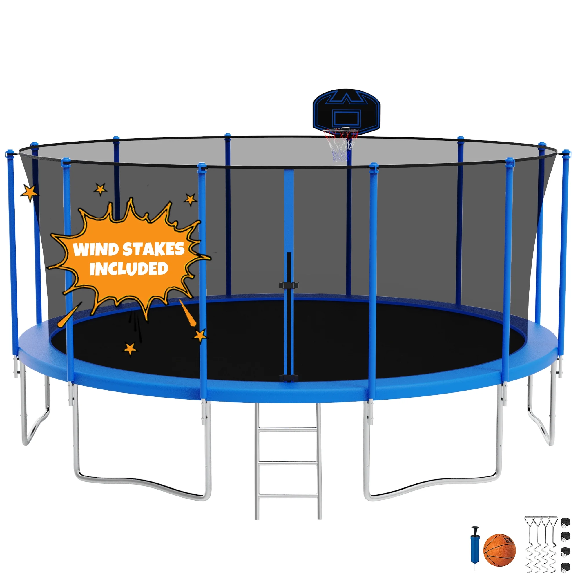 KOFUN Trampoline with Enclosure Net, 8 FT 10 FT 12 FT 14 FT 15 FT 16 FT Trampoline with Basketball Hoop, Ladder, Wind Stakes, ASTM CPC Approved, Blue