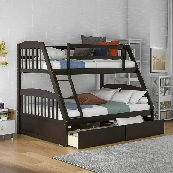 KOFUN Twin Over Full Bunk Bed with Two Storage Drawers, Solid Wood Bunk Beds Frame with Guard Rail and Ladder for Kids Adults, No Box Spring Needed (Espresso)