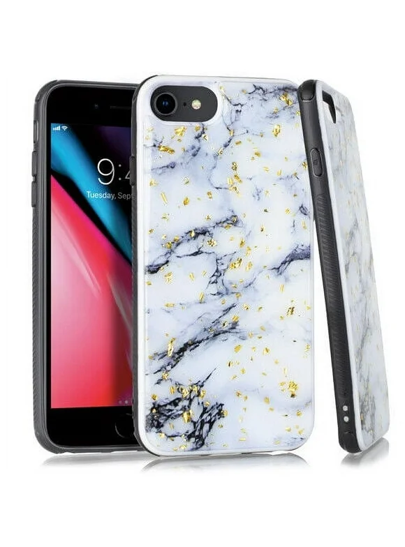Kaleidio Case For Apple iPhone SE (2nd Gen(2020), iPhone SE (3rd Gen (2022), iPhone 8, iPhone 7 [Impact Fusion] Drop Protection [Shockproof] Hybrid Slim Protector Cover [White Marble Design]