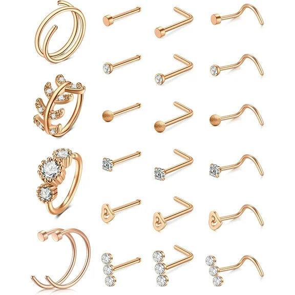 LAURITAMI Nose Rings Hoops Studs 20g Nose Ring Surgical Steel Nose Piercings L Shaped Screw Bone Nose Studs Silver Rose Gold Nose Piercing Jewelry 20 Gauge Nose Rings for Women Men