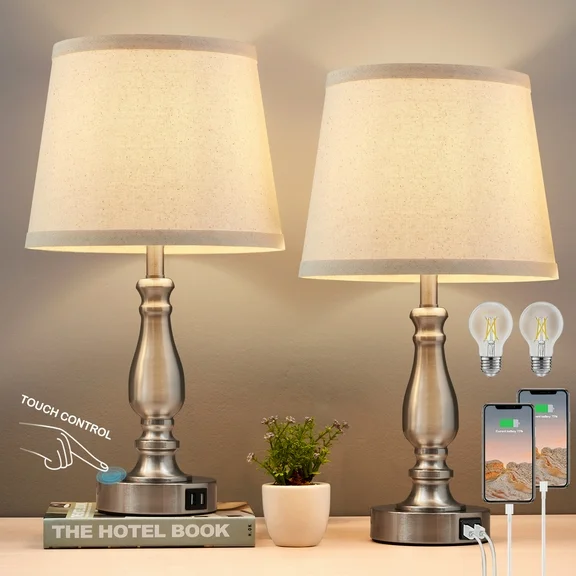 Lamps for Bedrooms Set of 2, Brushed Nickel Bedside Lamps with USB Ports, 3 Way Dimmable Nightstand Lamps with Fabric Linen Lampshade, Touch Table Lamp for Living Room Bedroom Office, Bulbs Included