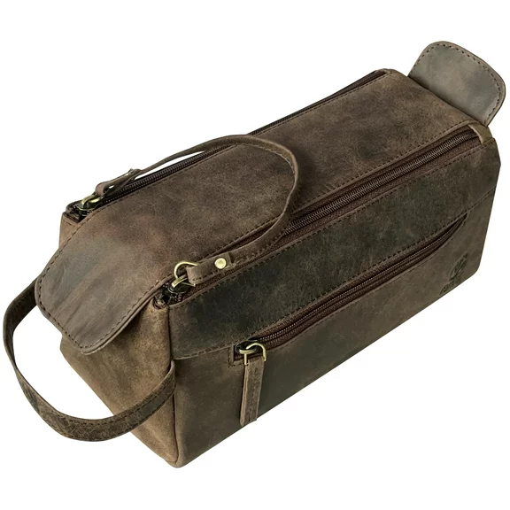 Leather Toiletry Bag for Men Women Travel Dopp Kit Bathroom Shower Hygiene Bag Makeup Cosmetic Organizer Gift for Him Her by Rustic Town, Dark Brown