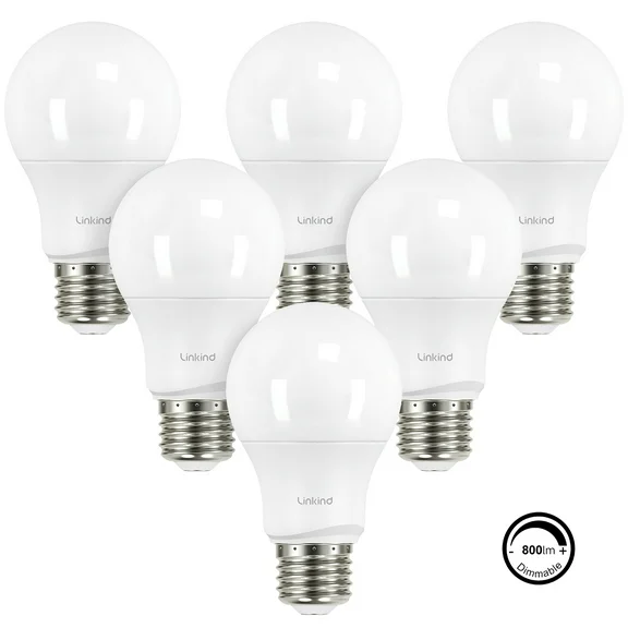 Linkind LED Light Bulbs, A19 60 Watt Eqv, Soft White, Dimmable, 9.5W E26 Base LED Bulbs, 6pk