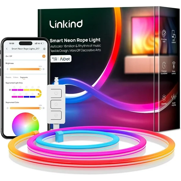 Linkind Neon Rope Light, 10ft RGBIC LED Light Strip with Music Sync for Bedroom, Living Room, Gaming Decor, Color Changing Strip Light Works with Alexa, Google Assistant