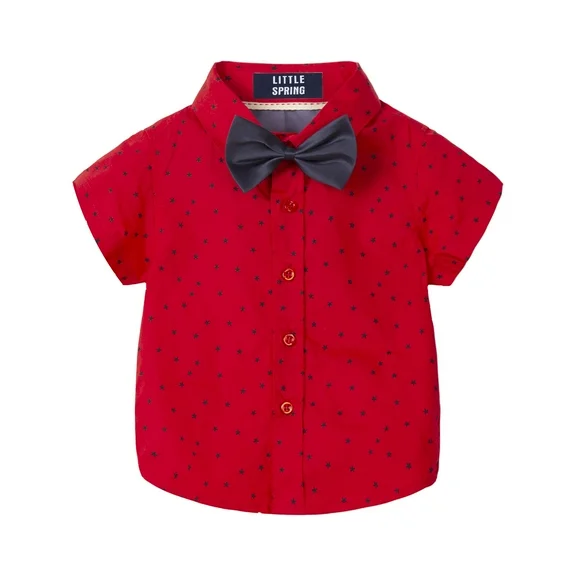 LittleSpring 4T Dress Shirt Boys Short Sleeve Button Down Shirt with Bow Tie Star Polka Dot Red