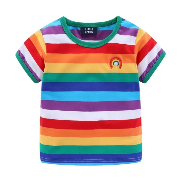 LittleSpring Boys Girls Rainbow Striped T-Shirts Toddler Crew Neck Summer Unisex Tees Tops Short Sleeve Casual 3T