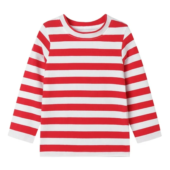 LittleSpring Boys Long Sleeve T-Shirts Toddler Crew Neck Red Striped Tees Tops Classic Spring Fall Casual 4T