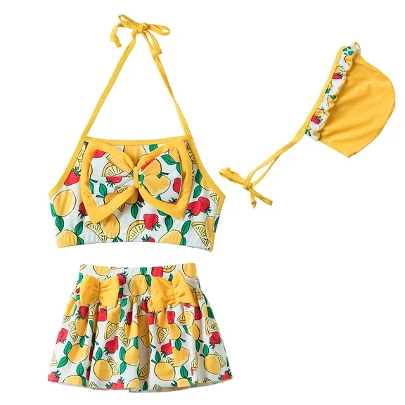 LittleSpring Girls Swimsuit 3 Piece Swimwear Bikini Set Cute Bathing Suit with Hat Fruit Pattern Yellow Size 7-8