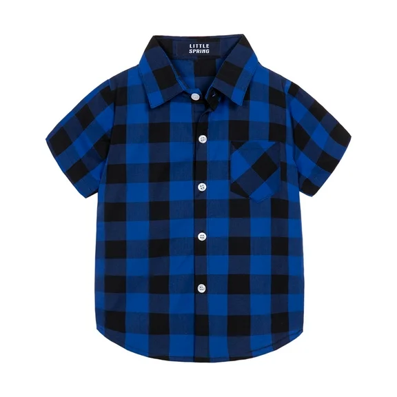 LittleSpring Little Boys Plaid Shirt Short Sleeve Summer Button Down Shirt Casual Woven Blue 5T