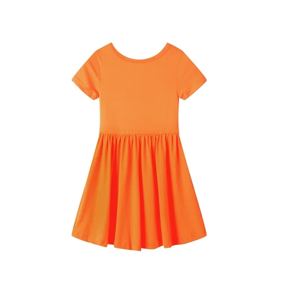 LittleSpring Little Girls Backless Dress 5T Twirly Skater Dress Stretchy Soft Silk Like Casual Solid Orange