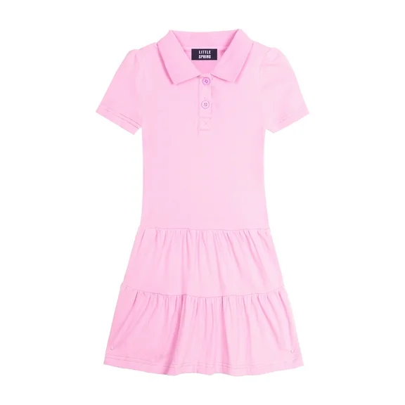 LittleSpring Little Girls Pink Dress 5T Pique Polo Dress Short Sleeve Tiered Ruffle School Uniform Solid