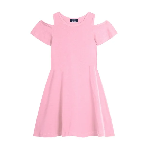 LittleSpring Little Girls Short Sleeve Dress Cold Shoulder Casual Summer Dress Swing Solid Pink Size 7