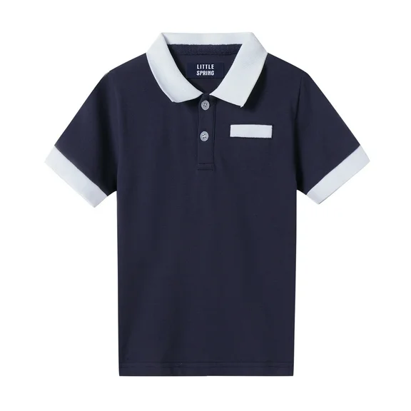 LittleSpring Toddler Boy Polo Shirt Short Sleeve School Uniform Lightweight Solid Navy Blue 2T