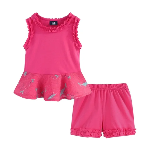 LittleSpring Toddler Girls 2 Piece Outfits 4T Short Sets Ruffle Tank Top and Shorts Set Summer Clothes Hot Pink