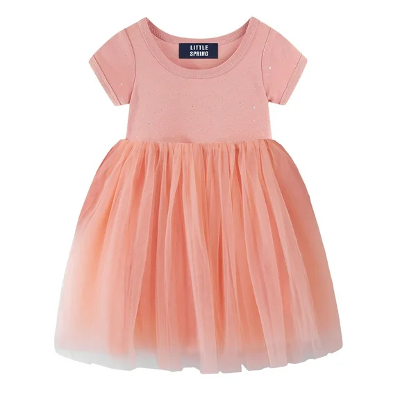 LittleSpring Tutu Dress for Girls Short Sleeve Princess Dress Crew Neck Casual Summer Dresses Orange Size 8