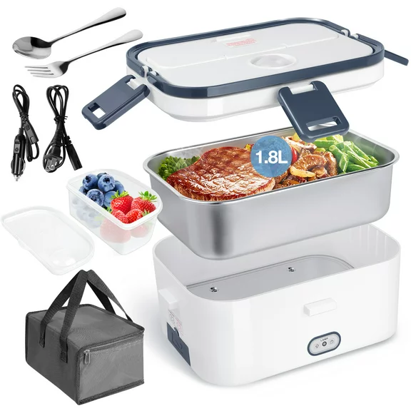 Livhil Electric Lunch Box Food Heater, Portable Food Warmer, Heated Lunch Box, Lunch Warmer for Adults, 60W 1.8L 12V-24V 110V Portable Food Heater (White+Royal Blue)