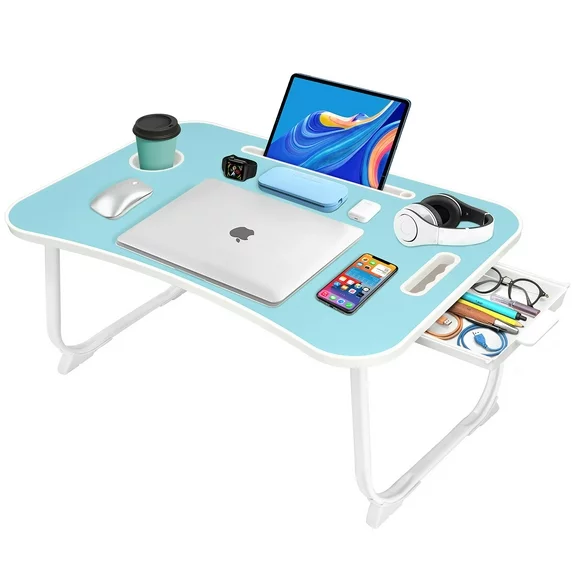 Livhil Foldable Lap Desk, Portable Laptop Desk Table with Storage Drawer and Cup Holder, Bed Table Tray for Reading, Writing, Working, Eating -Blue