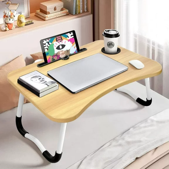 Livhil Lap Desk Laptop Stand for Bed Table, Fordable Lap Table with Cup Breakfast Bed Tray Tables for Eating in Bed Desk  (Walnut)