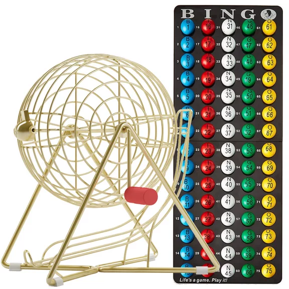 MR CHIPS 11 Inch Tall Professional Bingo Set with Steel Bingo Cage, Everlasting 7/8 Inch Bingo Balls, Master Board for Bingo Balls - Luxury Gold