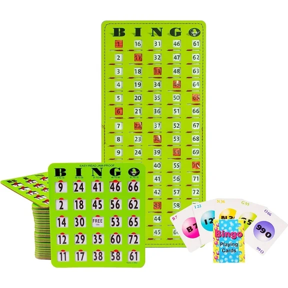 MR CHIPS Jam-Proof Bingo Cards with Sliding Windows - 25 Reusable Shutter Bingo Cards - 75 Bingo Calling Cards - 1 Bingo Master Board - Green Style