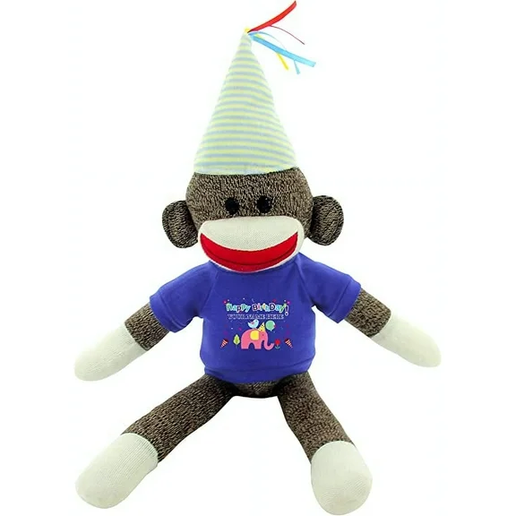 Made By Aliens Personalized Floppy Original Sock Monkey with Tee Stuffed Animal Plush Toy- Custom Text On Shirt- Perfect Gift  For Birthday- Valentine Day- Graduation Day -20 inches (Blue)