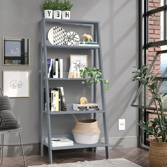 Madesa 5-Tier Ladder Shelf, Free Standing Bookshelf, Wood Bookcase – Grey