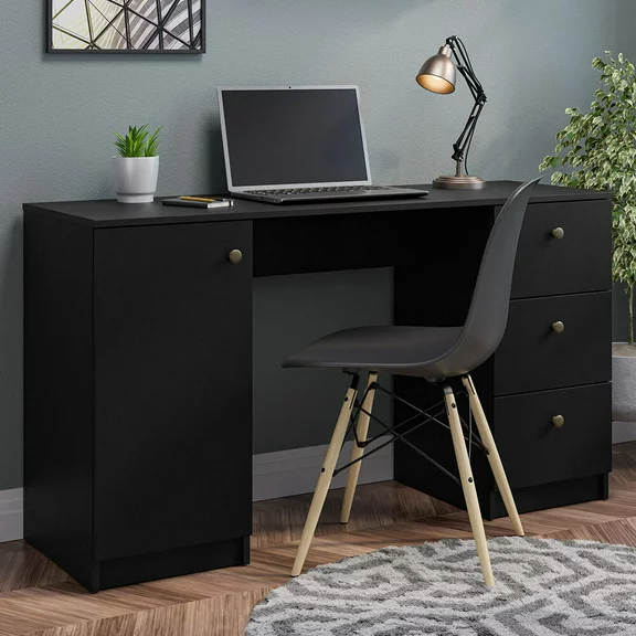 Madesa Modern 53 inch Computer Writing Desk with Drawers and Door, Executive Desk, Wood PC Table, 30” H x 18” D x 53” W - Black