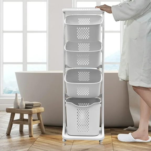 Magichomestore 4-Tier Laundry Hamper Sorter, Laundry Storage Organizer with Wheels Removable Rolling Laundry Baskets, Bathroom Cart for Dirty Clothes