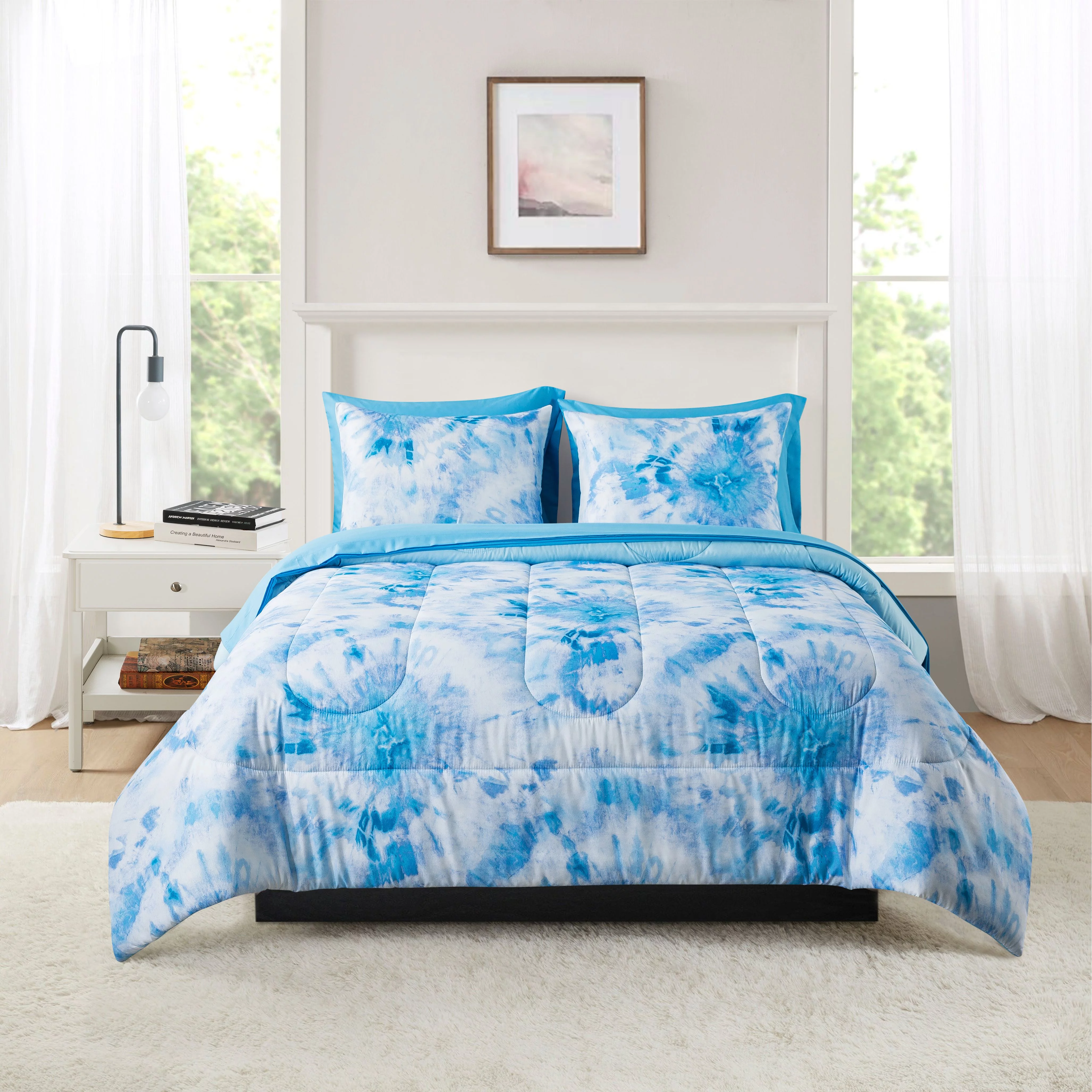 Mainstays Blue Tie Dye 5 Piece Bed in a Bag Comforter Set with Sheets, Twin/Twin XL