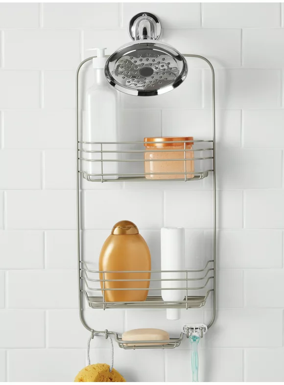 Mainstays over-the-Shower Caddy, 2 Shelves, Satin Nickel