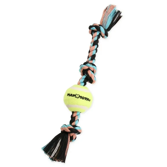 Mammoth Flossy Chews Cottonblend 3 Knot Tug Rope Dog Toy with Mini Tennis Ball, Mini 11", Assorted Colors