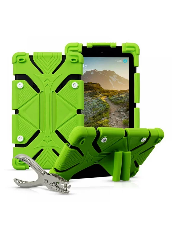 Maynos Universal 7-8 Inch Tablet Case, Silicone Shockproof Self-stand Protective Case Cover Lightweight Protective Shock Proof Kids Friendly,With DIY Puncher,Green