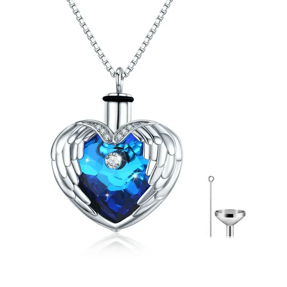 Midir&Etain Cremation Jewelry for Ashes 925 Sterling Silver Angel Wings Heart Urn Necklace for Ashes with Crystal Keepsake Memorial Gifts for Women