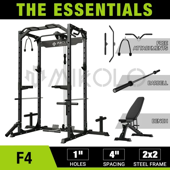 Mikolo Power Rack Cage with LAT Pulldown System,1200 lbs Capacity Power Rack with 800 lbs Capacity Weight Bench and 1500 lbs Capacity Barbell Combo (Upgraded)
