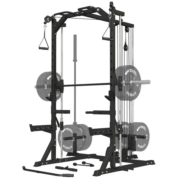 Mikolo Smith Machine Home Gym, Multi-Functional Squat Rack with Cable Crossover System, Workout station with Weight Bar, Dip Bars,Bend Peg and Other Functional Attachments