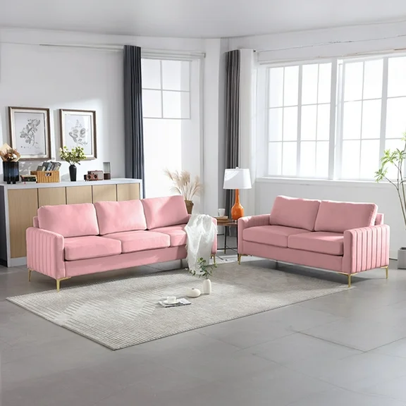 Muumblus 2 Pieces Velvet Living Room Sets, Modern 2 Seater Loveseat Sofa and 3 Seater Sofa Couch, Pink