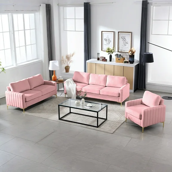 Muumblus 3 Pieces Velvet Living Room Furniture Sets, Modern 1 Seater Sofa Chair and 2 Seater Loveseat Sofa and 3 Seater Sofa Couch, Pink